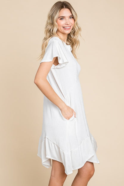 Notch Neck Ruffle Cap Short Sleeve Mini Dress with Pocket