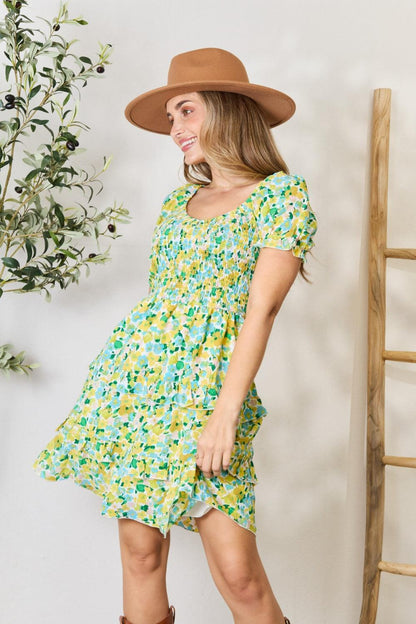 Smocked Scoop Neck Floral Print Short Dress