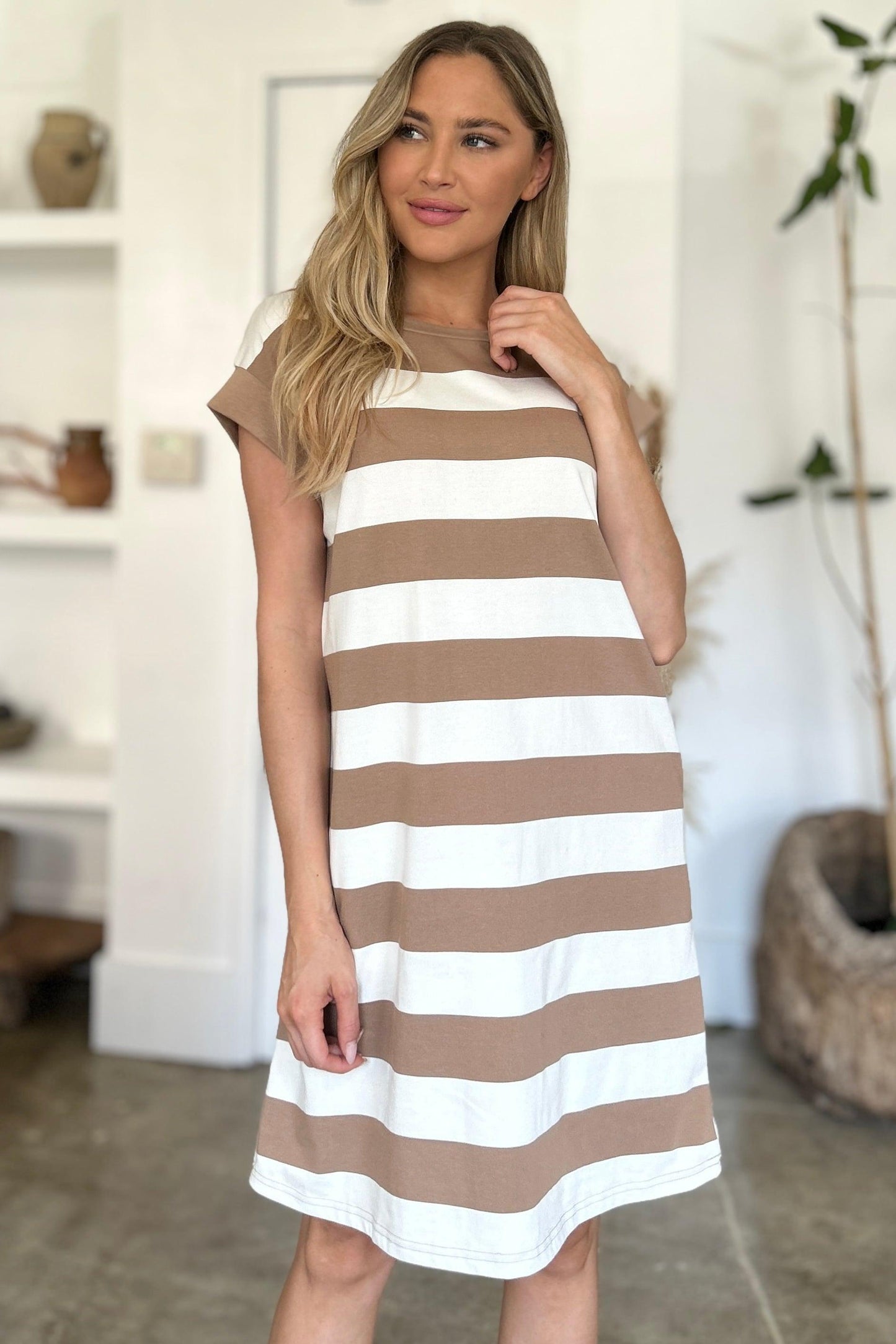 Striped Round Neck Cap Sleeve Mini Dress