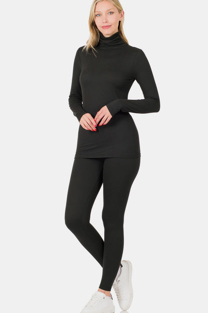 Turtleneck Top and Leggings Lounge Set In Black