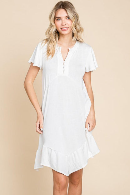 Notch Neck Ruffle Cap Short Sleeve Mini Dress with Pocket