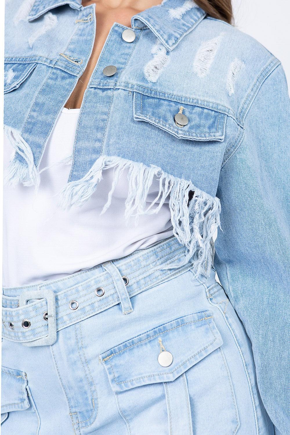 Distressed Denim Jacket with a Frayed hems