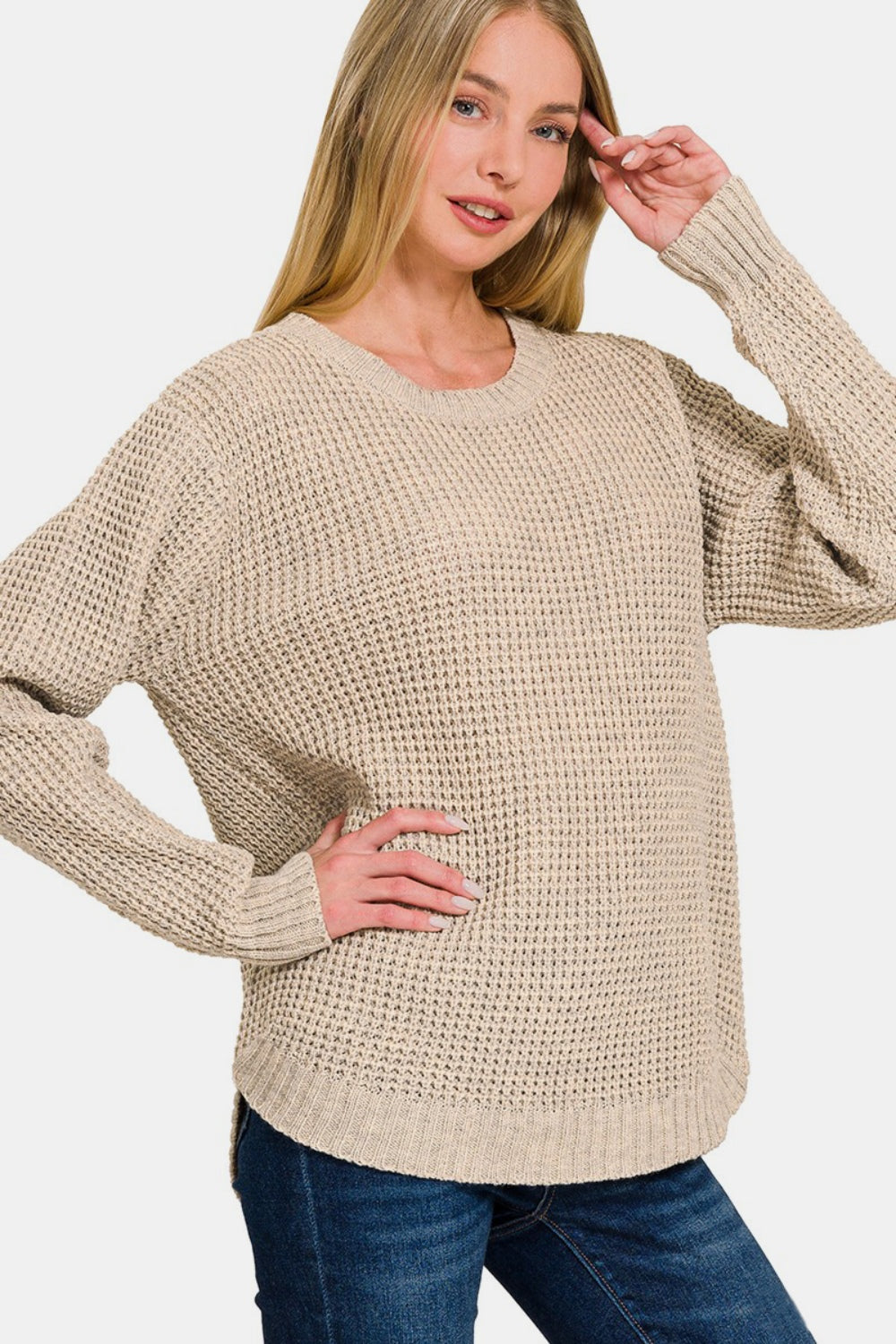 High-Low Waffle Sweater In Beinge