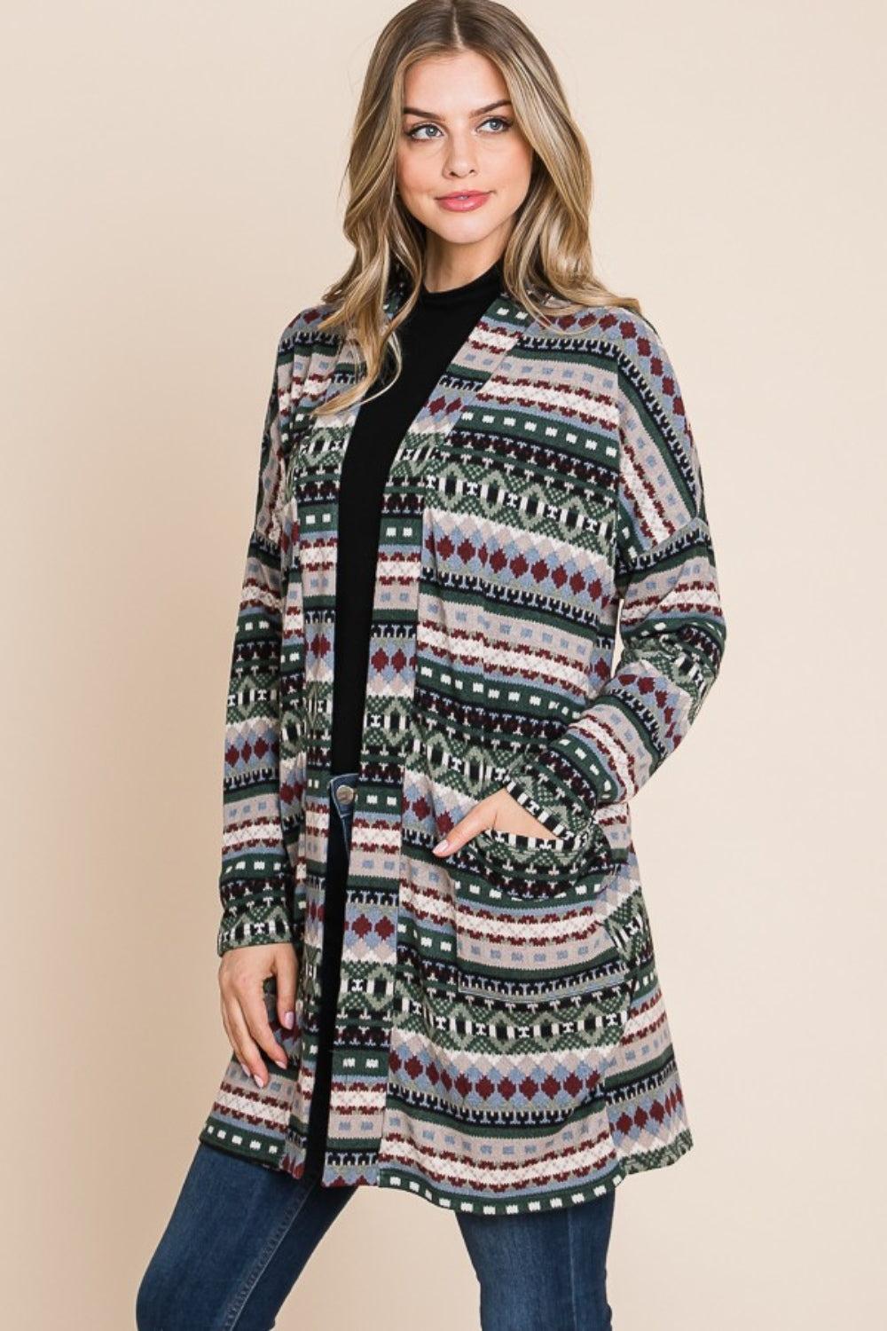 Geometric Open Front Long Sleeve Cardigan with Pockets