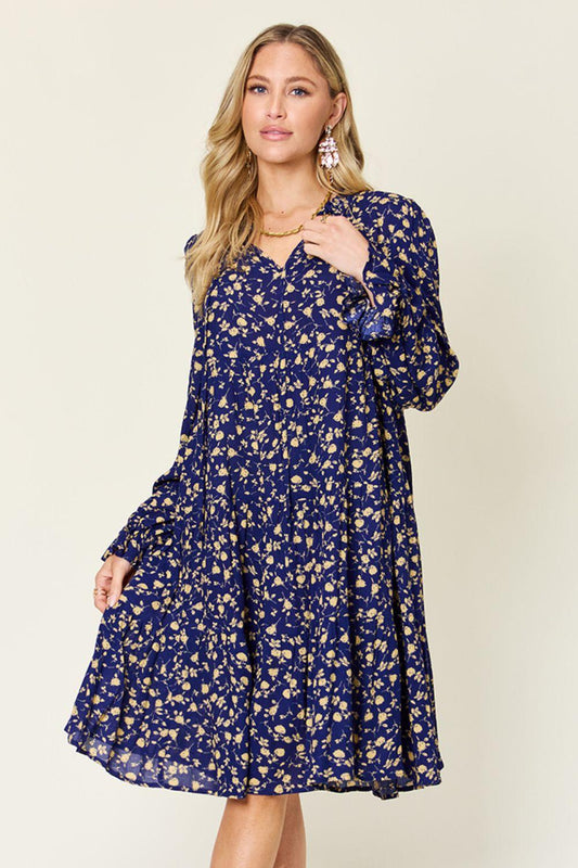 Printed Ruffle Hem Long Sleeve Tiered Dress