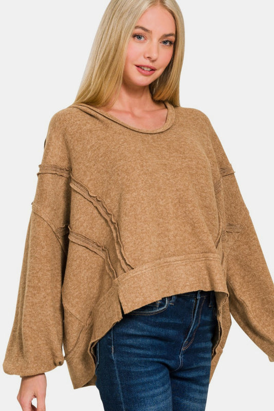 Brushed Hacci balloon sleeve hoodie In Deep Camel