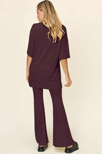 Round Neck Drop Shoulder T-Shirt and Flare Pants Set