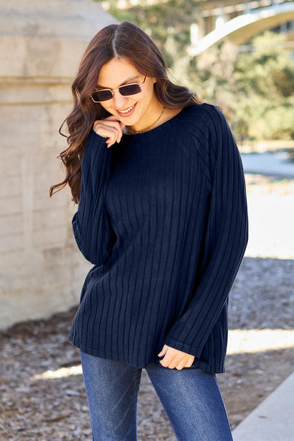 Round Neck Long Sleeve  Ribbed Knit Pullover