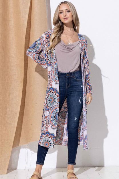 Printed Kimono Open Front Longline Cardigan