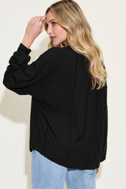 Ribbed Round Neck Long Sleeve T-Shirt