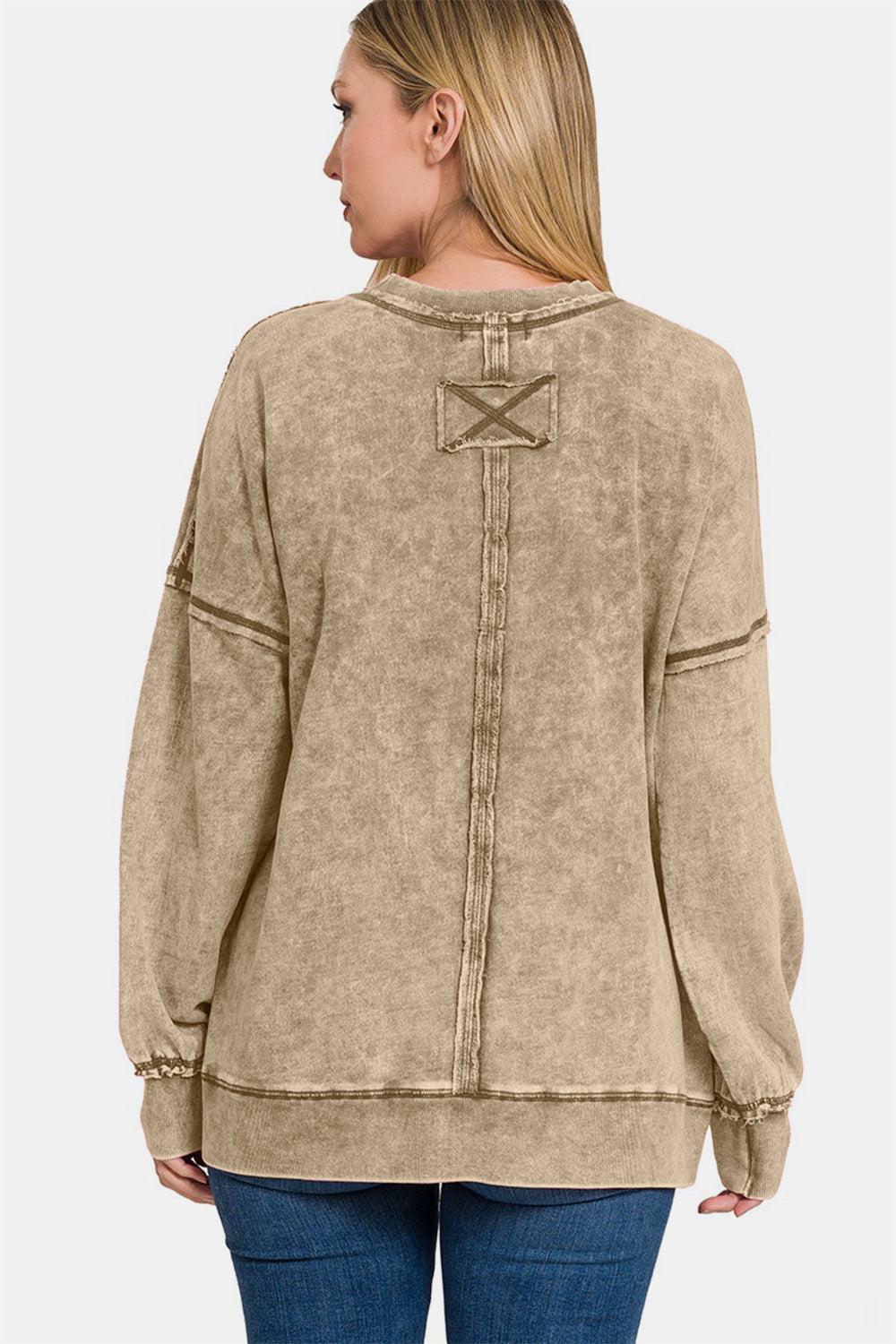 Exposed Seam Round Neck Dropped Shoulder Sweatshirt In Mocha