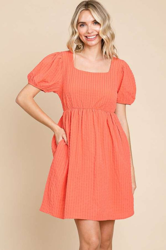 Textured Square Neck Puff Short Sleeve Dress with Pockets