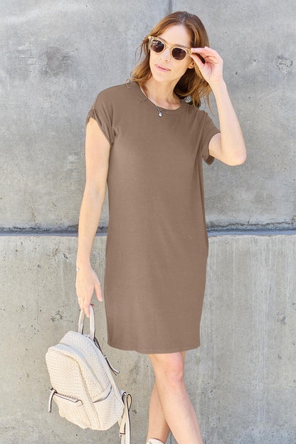 Short T Shirt Dress Cap Sleeve Round Neck Dresses with Pocket