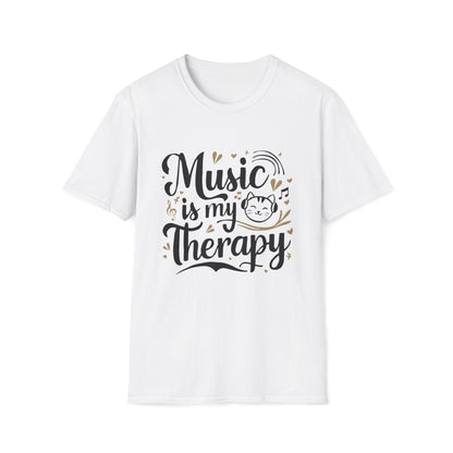 Men Tees Music Is My Therapy Cat Rock Music Short Sleeves Casual Regular Fit Cotton Funny Cat T-Shirt