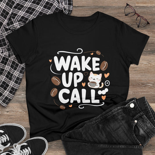 Womens T-Shirt Wake Up Call Coffee Lover Shirts Tops Short Sleeve Regular Fit Cottagecore Funny Cat Tees