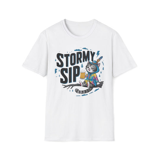 Men's Tee Stormy Sip Cute Cat Drinking Short Sleeve Casual Regular Fit Cottagecore Funny Cat T-Shirt