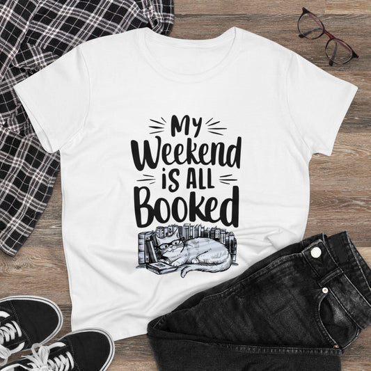 Womens Tee My Weekend Is All Booked  Book Lover Shirts Tops Short Sleeve Regular Fit Cotton Funny Cat T-Shirt