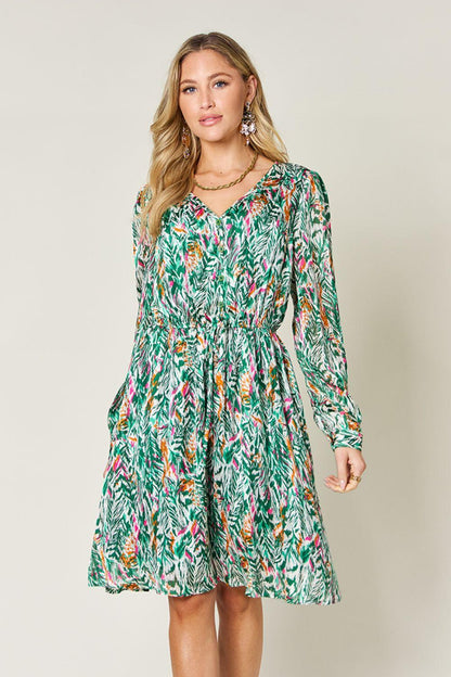 Printed Drawstring Waist Long Sleeve Dress