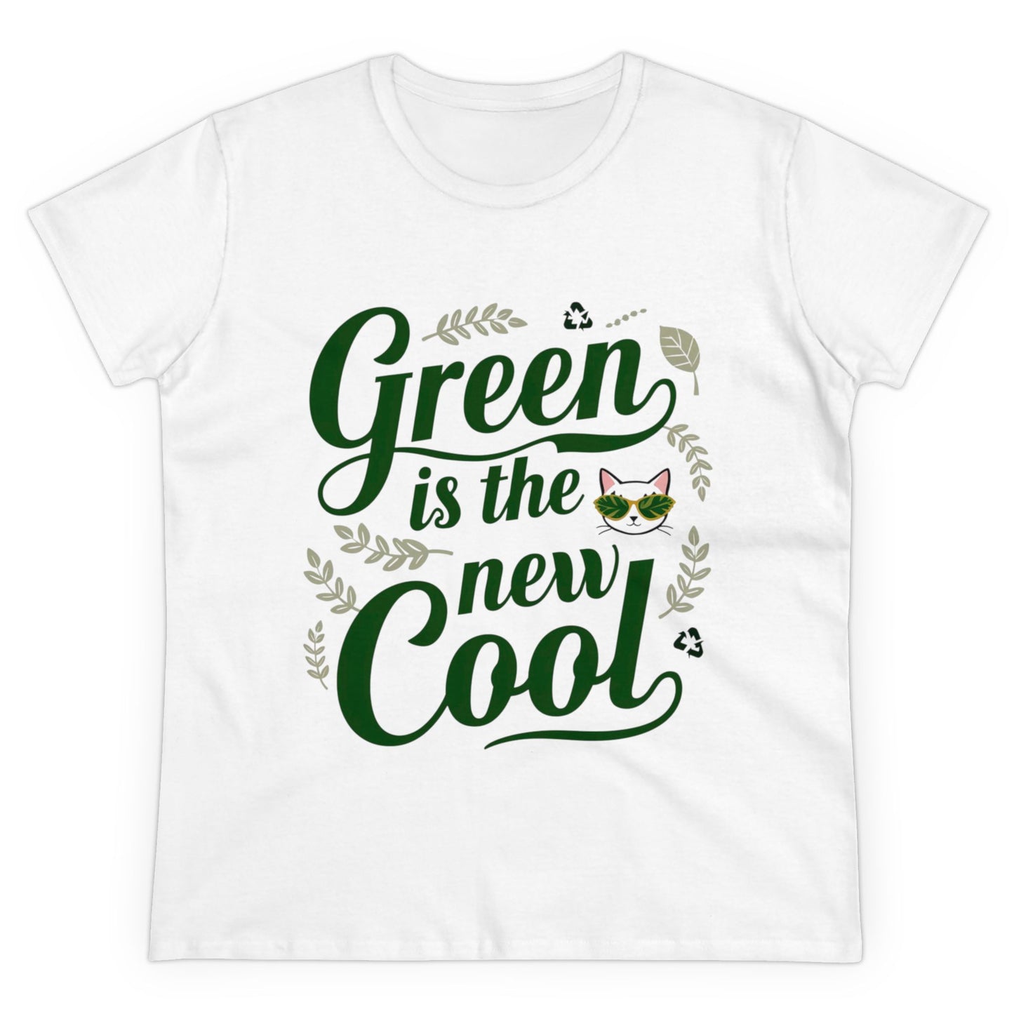 Womens T-Shirt Green Is The New Cool Nature Shirts Tops Short Sleeve Regular Fit Cotton Funny Cat Tees