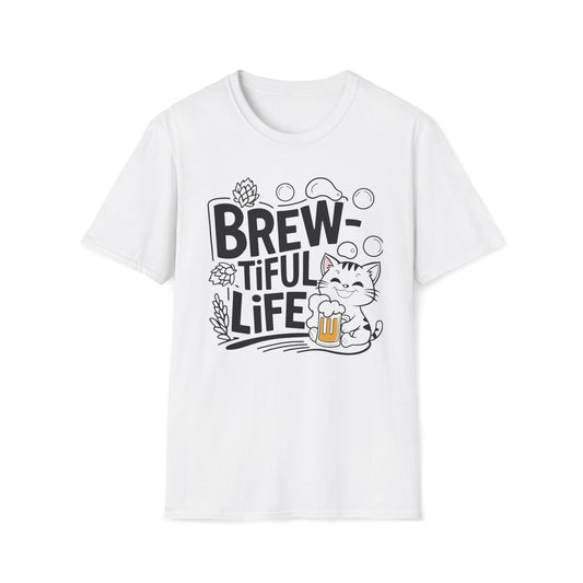 Men's Tee Breew-Tiful-Life Cute Cat Drinking Short Sleeve Casual Regular Fit Cottagecore Funny Cat T-Shirt