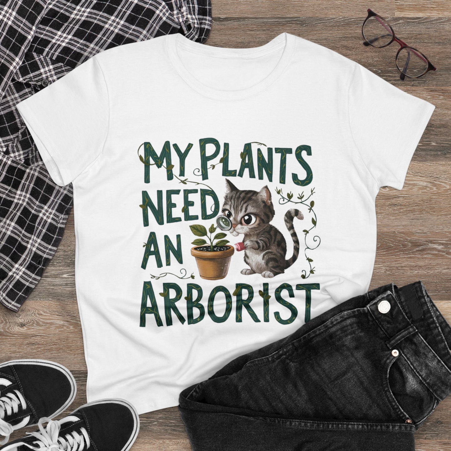 Womens T-Shirt My Plant Need Arborists Nature Shirts Tops Short Sleeve Regular Fit Cotton Funny Cat Tees