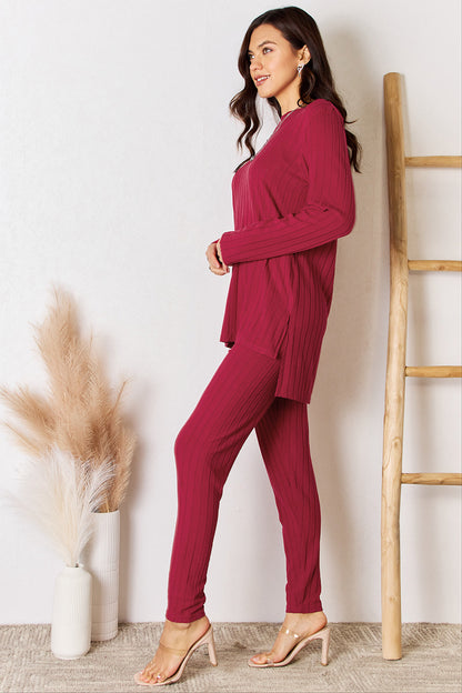 Ribbed Round Neck High-Low Slit Top and Pants Set.