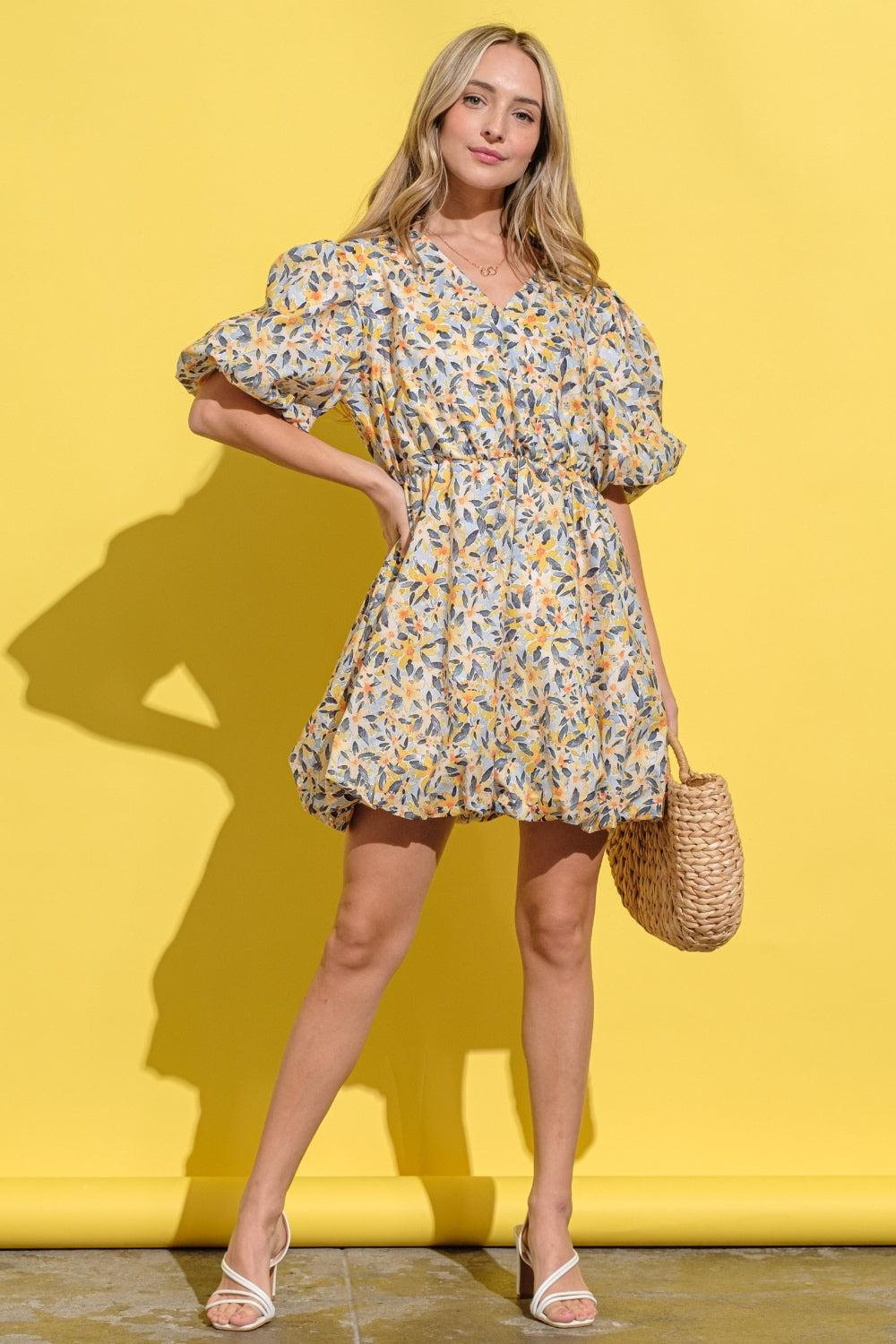 Floral Surplice Puff Sleeve Dress.