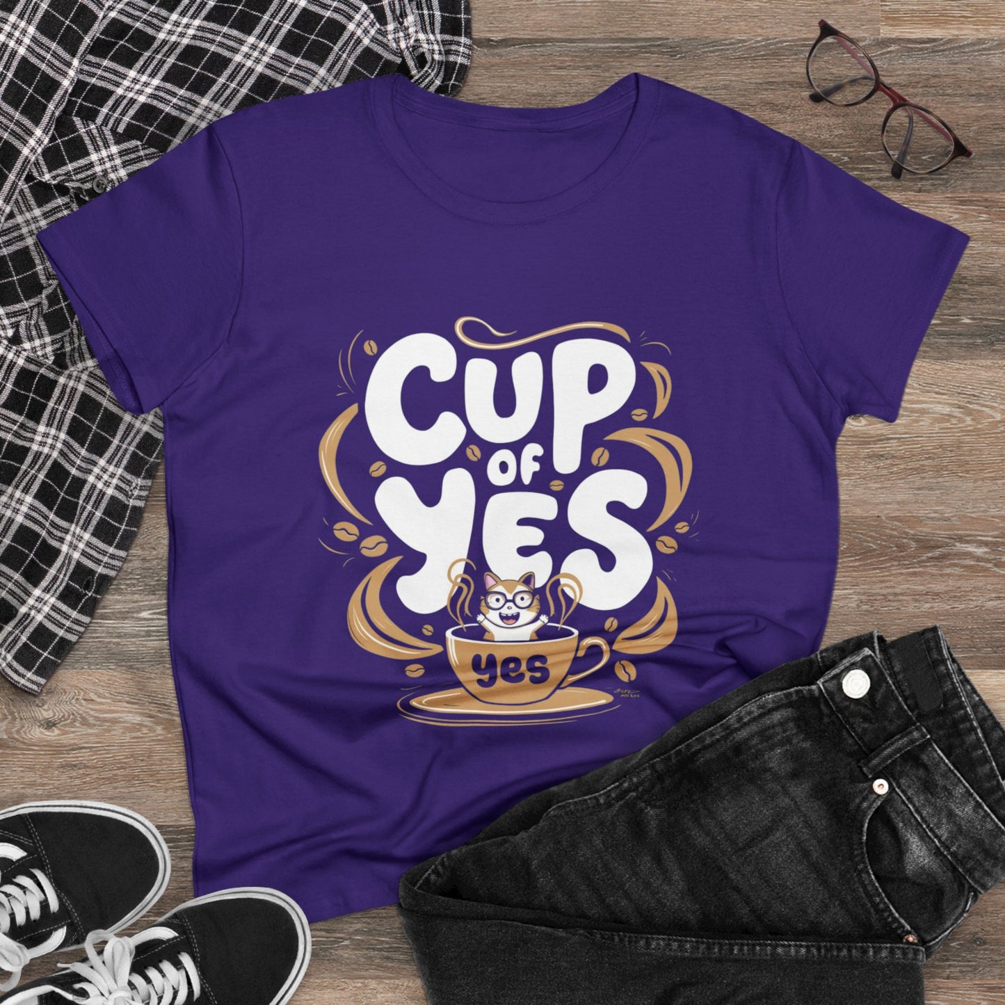 Women Tees Cup of Yes Coffee Lover Shirts Tops Short Sleeve Regular Fit Cotton Funny Cat T-Shirt