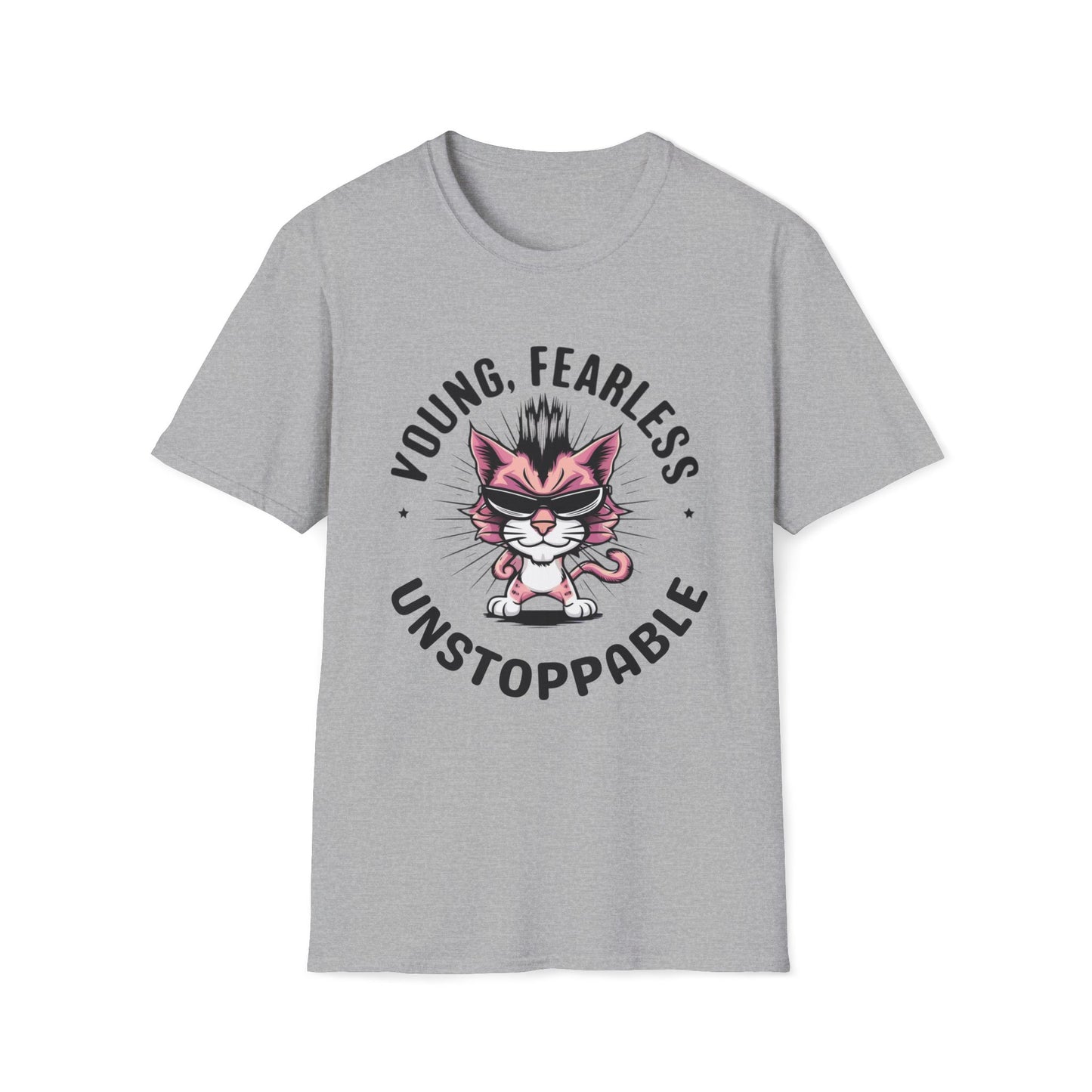 Men's Tee Young Fearless Unstoppable Youth Short Sleeves Casual Regular Fit Cotton Funny Cat  Tee