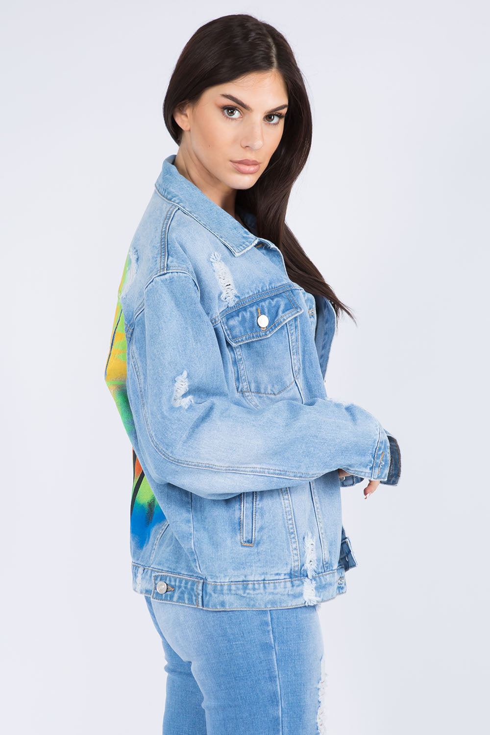 Painted Back Distressed Denim Jacket