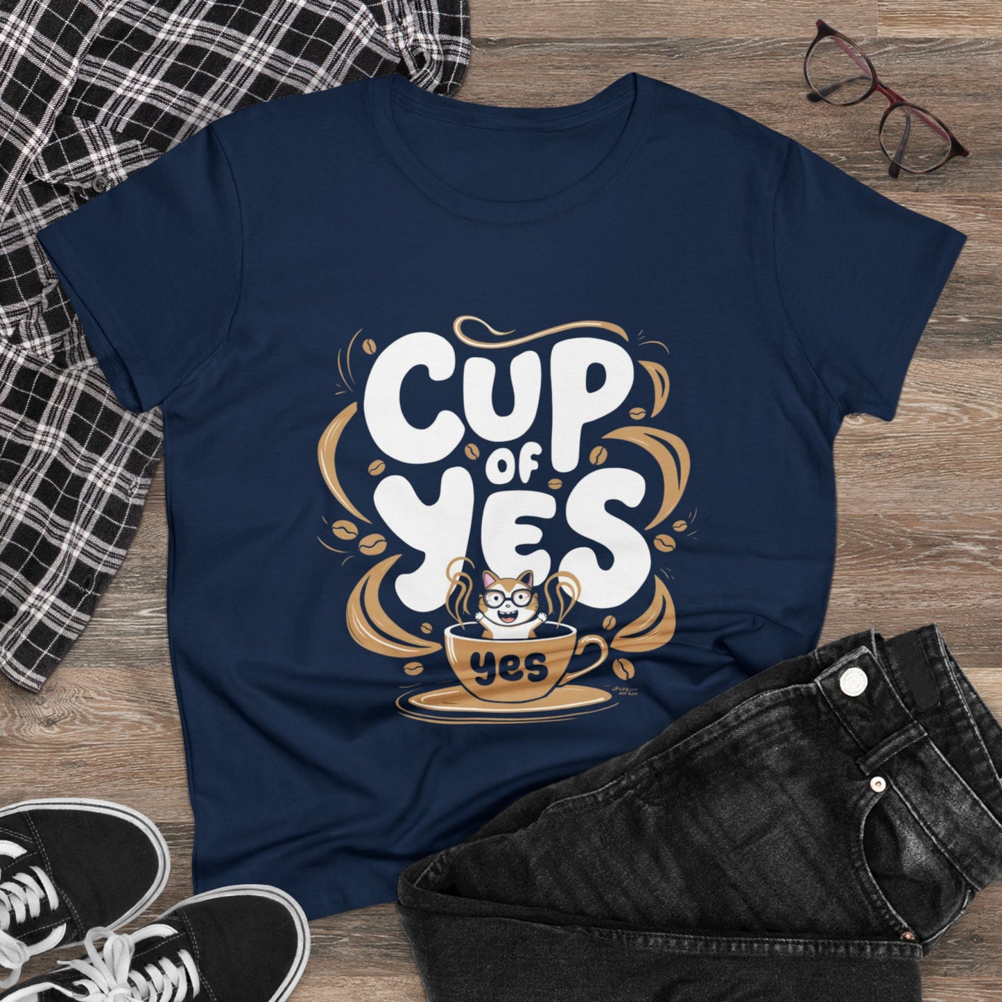 Women Tees Cup of Yes Coffee Lover Shirts Tops Short Sleeve Regular Fit Cotton Funny Cat T-Shirt