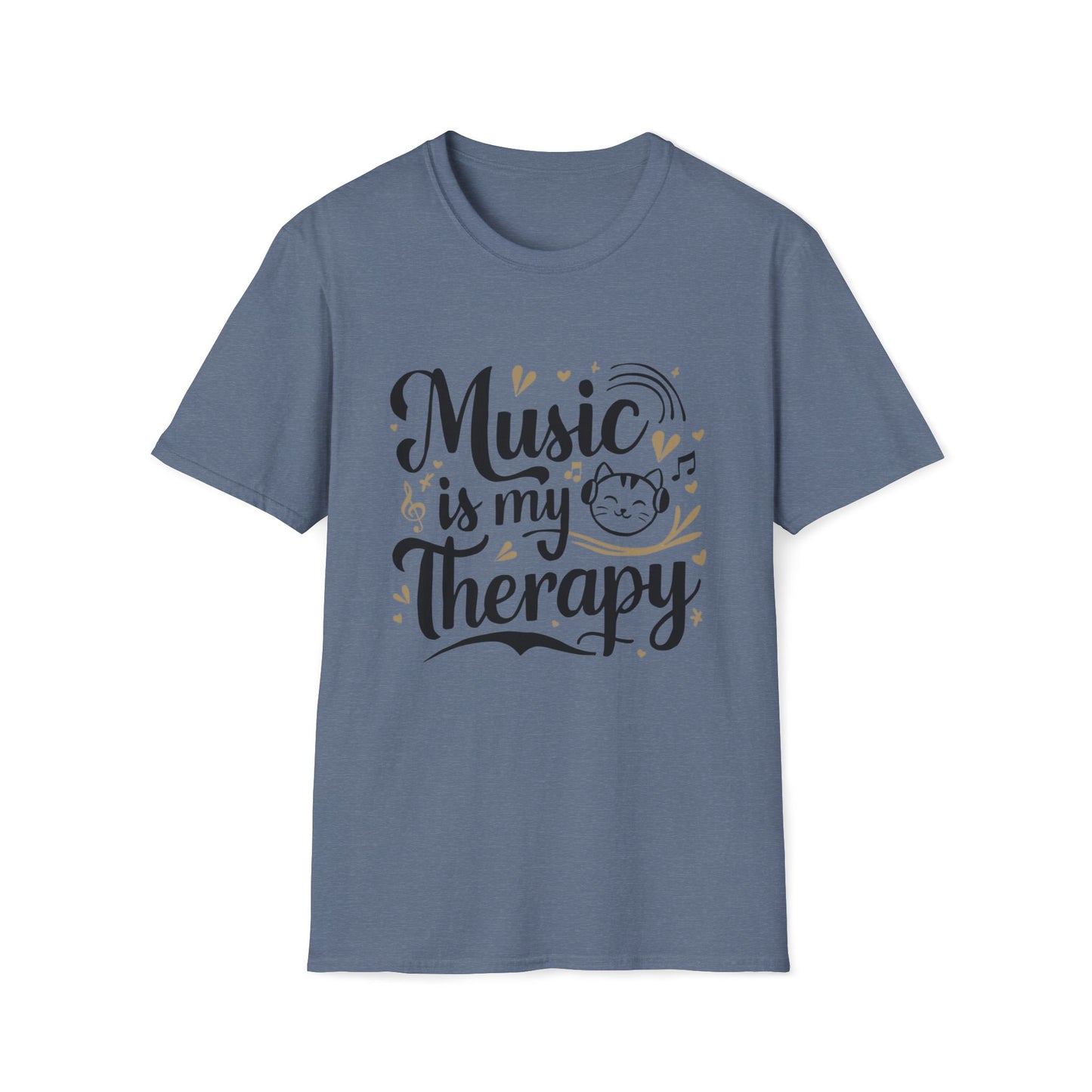 Men Tees Music Is My Therapy Cat Rock Music Short Sleeves Casual Regular Fit Cotton Funny Cat T-Shirt