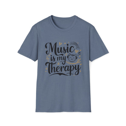 Men Tees Music Is My Therapy Cat Rock Music Short Sleeves Casual Regular Fit Cotton Funny Cat T-Shirt