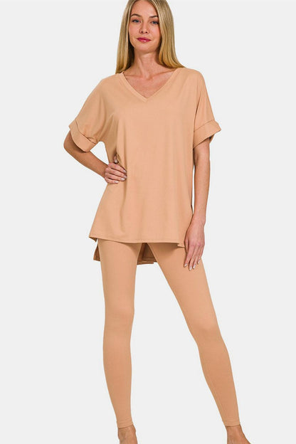 V-neck rolled short sleeve t-shirt and leggings lounge set in Dk Brush