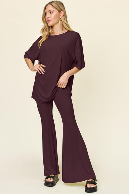 Round Neck Drop Shoulder T-Shirt and Flare Pants Set