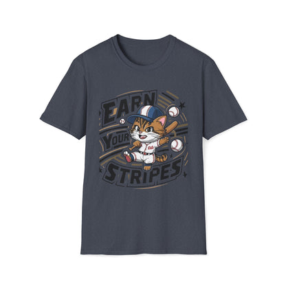 Men's tee Earn Your Stripe Baseball Player Short Sleeves Casual Regular Fit Cotton Funny Cat Baseball Tee