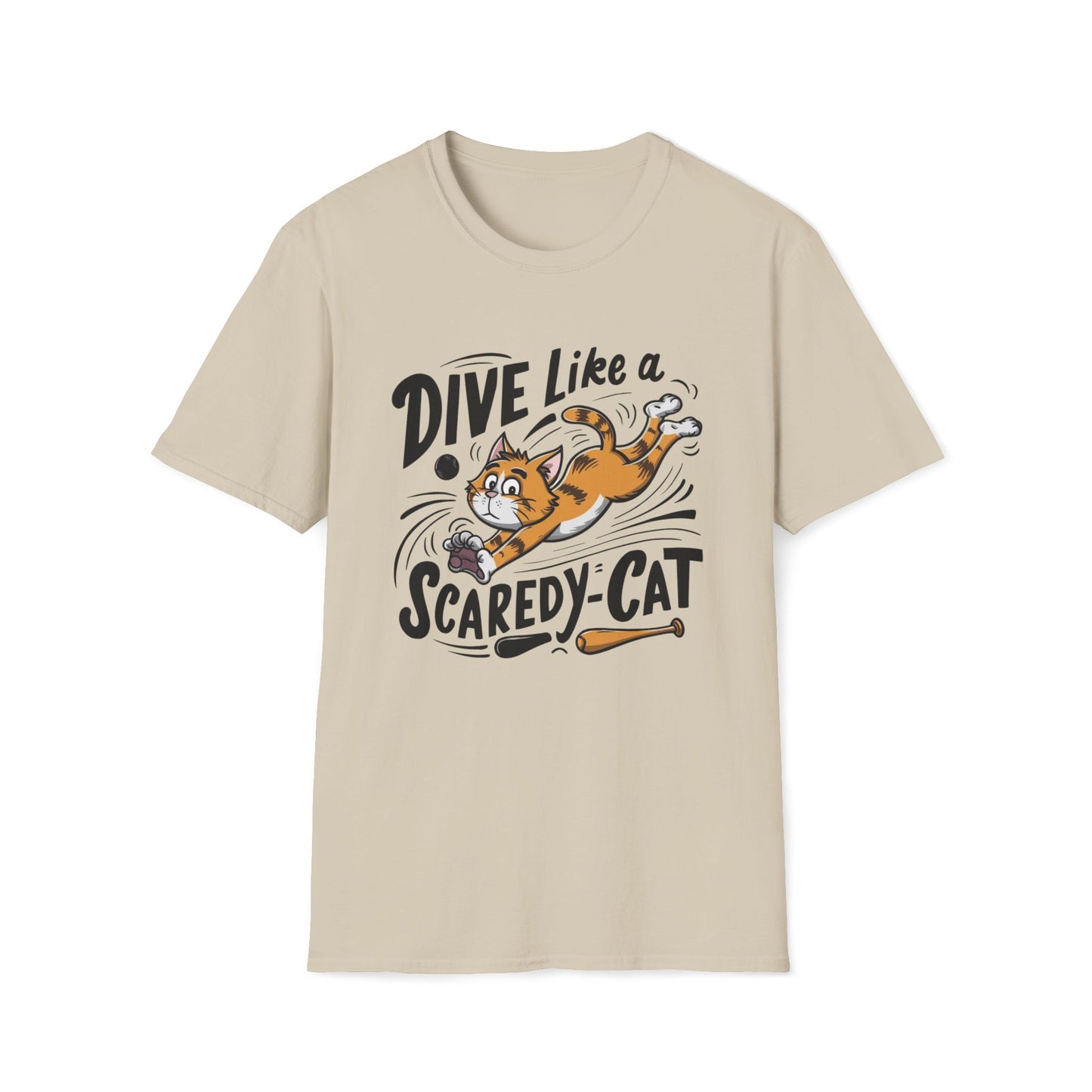 Men's Tee Dive Like Scaredy Cat Baseball Player Short Sleeves Casual Regular Fit Cotton Funny Cat Baseball Tee