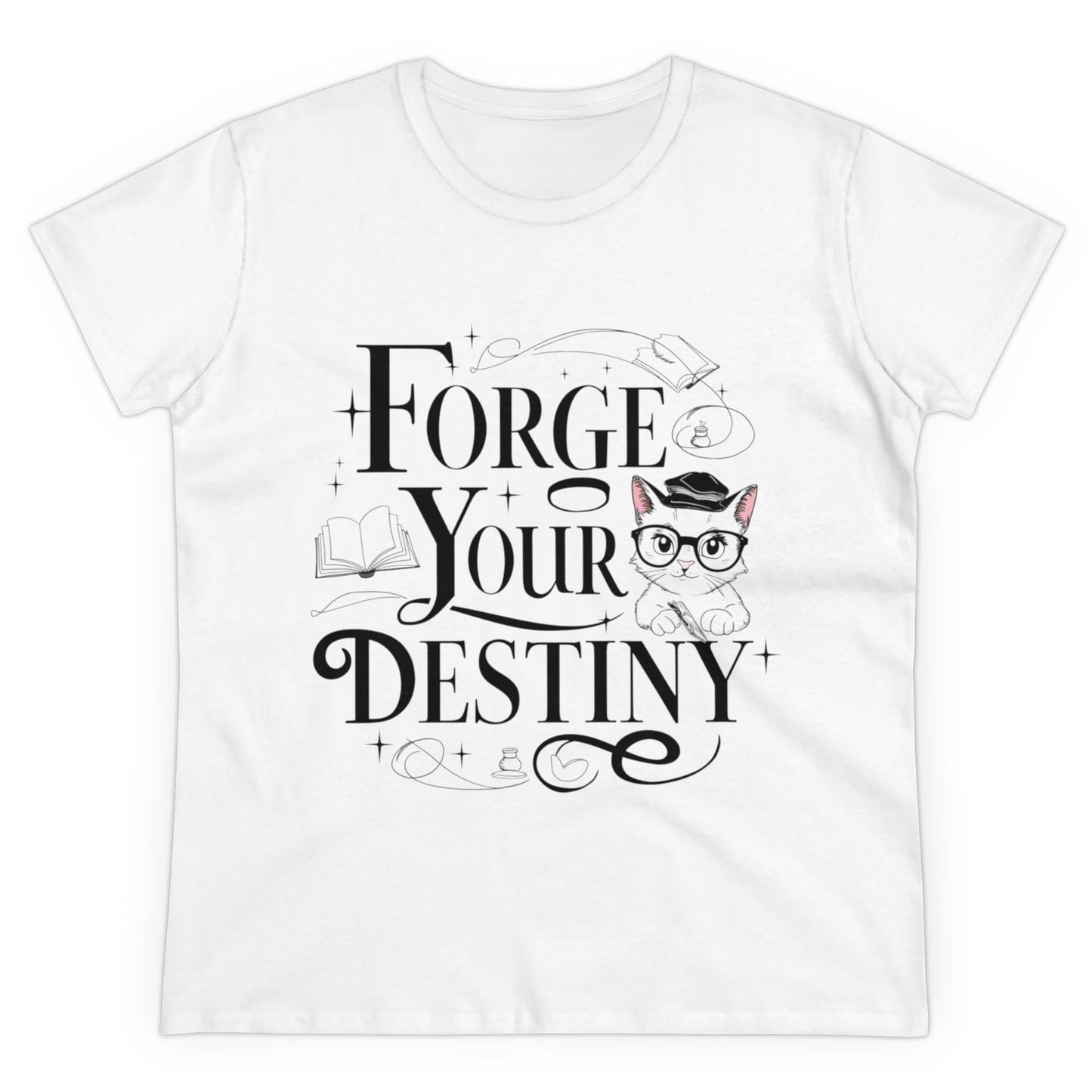 Womens Tee Forge Your Destiny Book Lovers Shirts Tops Short Sleeve Regular Fit Cotton Funny Cat T-Shirt