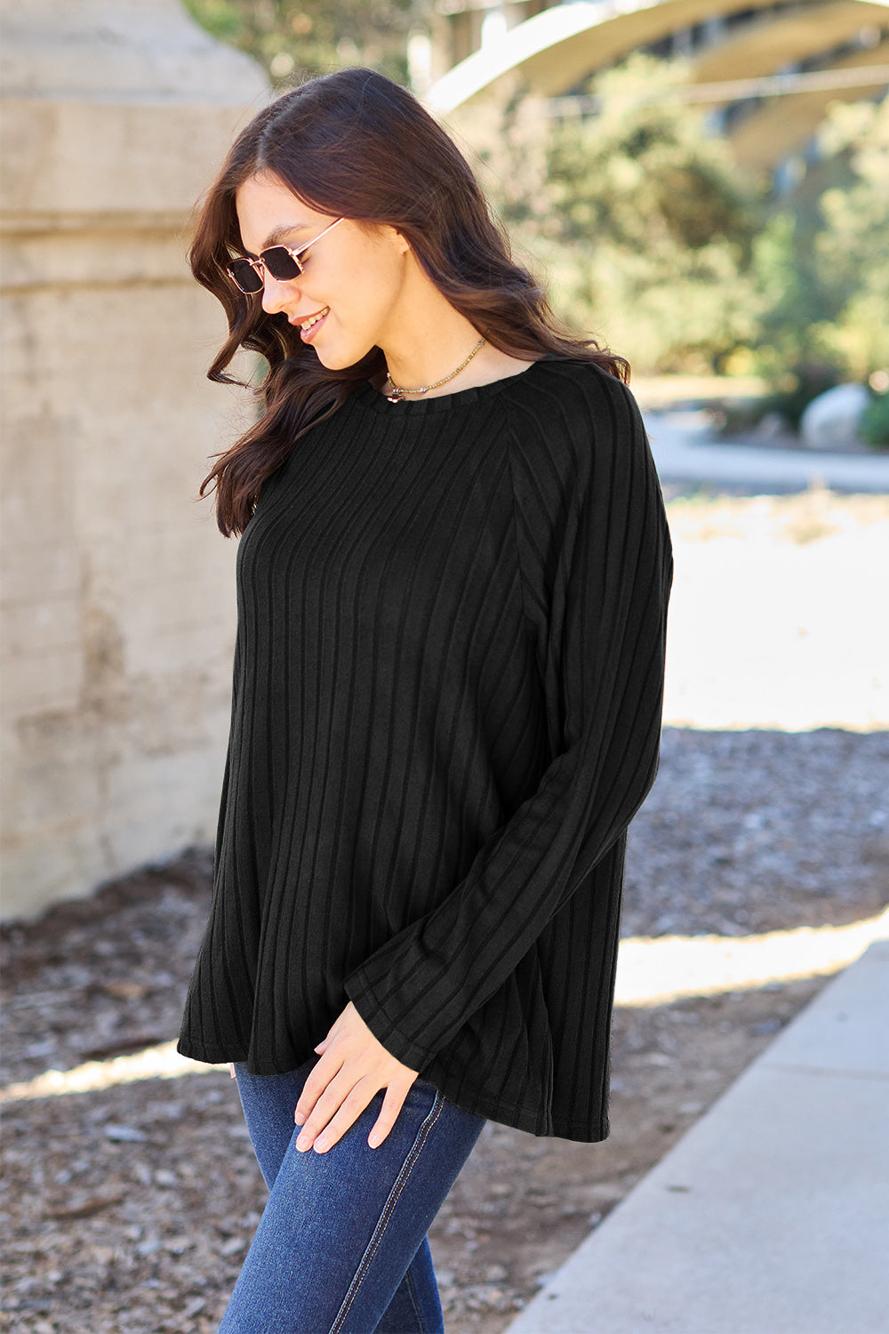 Round Neck Long Sleeve  Ribbed Knit Pullover