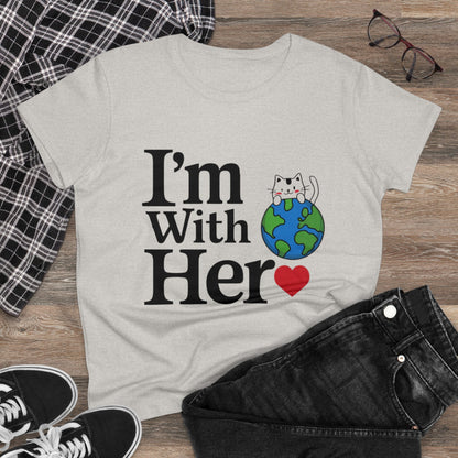 Womens T-Shirt I am With Her Planet Earth Shirts Tops Short Sleeve Regular Fit Cotton Funny Cat Tees