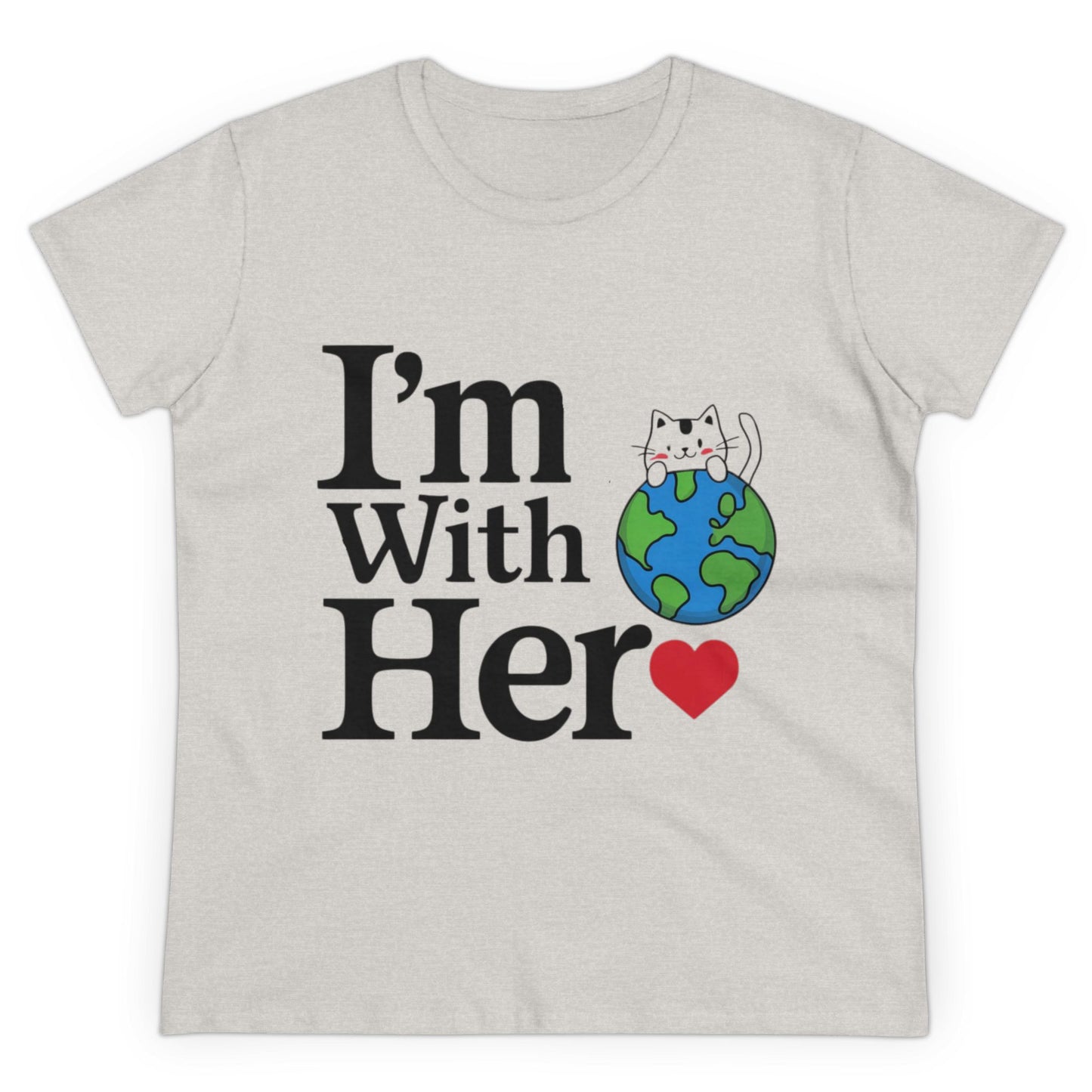 Womens T-Shirt I am With Her Planet Earth Shirts Tops Short Sleeve Regular Fit Cotton Funny Cat Tees