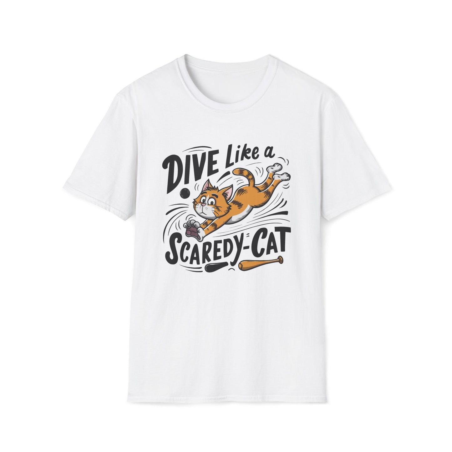 Men's Tee Dive Like Scaredy Cat Baseball Player Short Sleeves Casual Regular Fit Cotton Funny Cat Baseball Tee