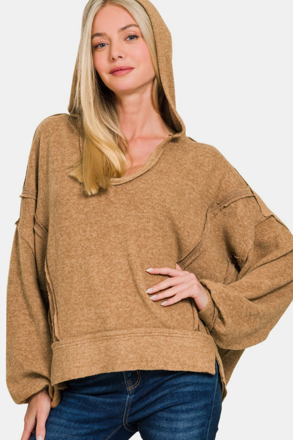 Brushed Hacci balloon sleeve hoodie In Deep Camel