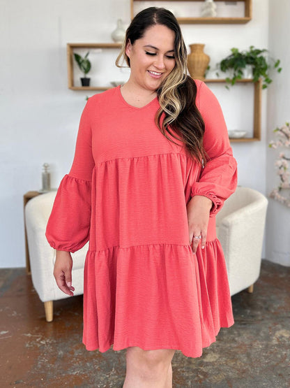 V-neck Dress with fluffy Balloon Sleeves with Pockets