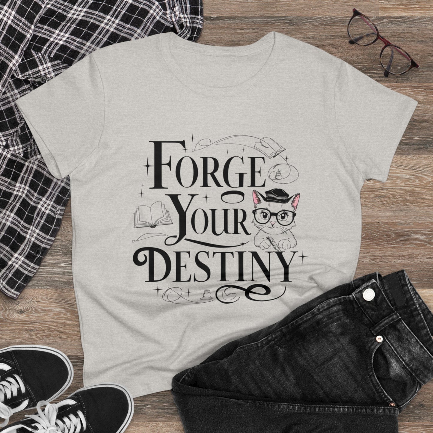 Womens Tee Forge Your Destiny Book Lovers Shirts Tops Short Sleeve Regular Fit Cotton Funny Cat T-Shirt