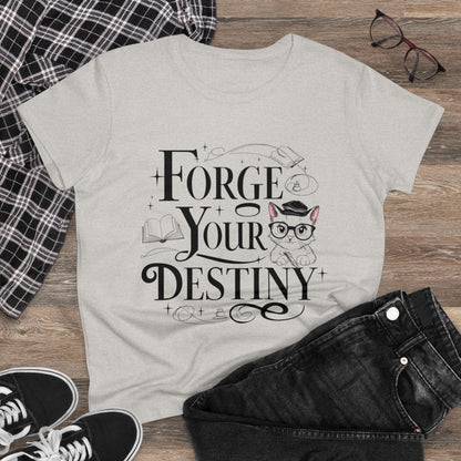 Womens Tee Forge Your Destiny Book Lovers Shirts Tops Short Sleeve Regular Fit Cotton Funny Cat T-Shirt