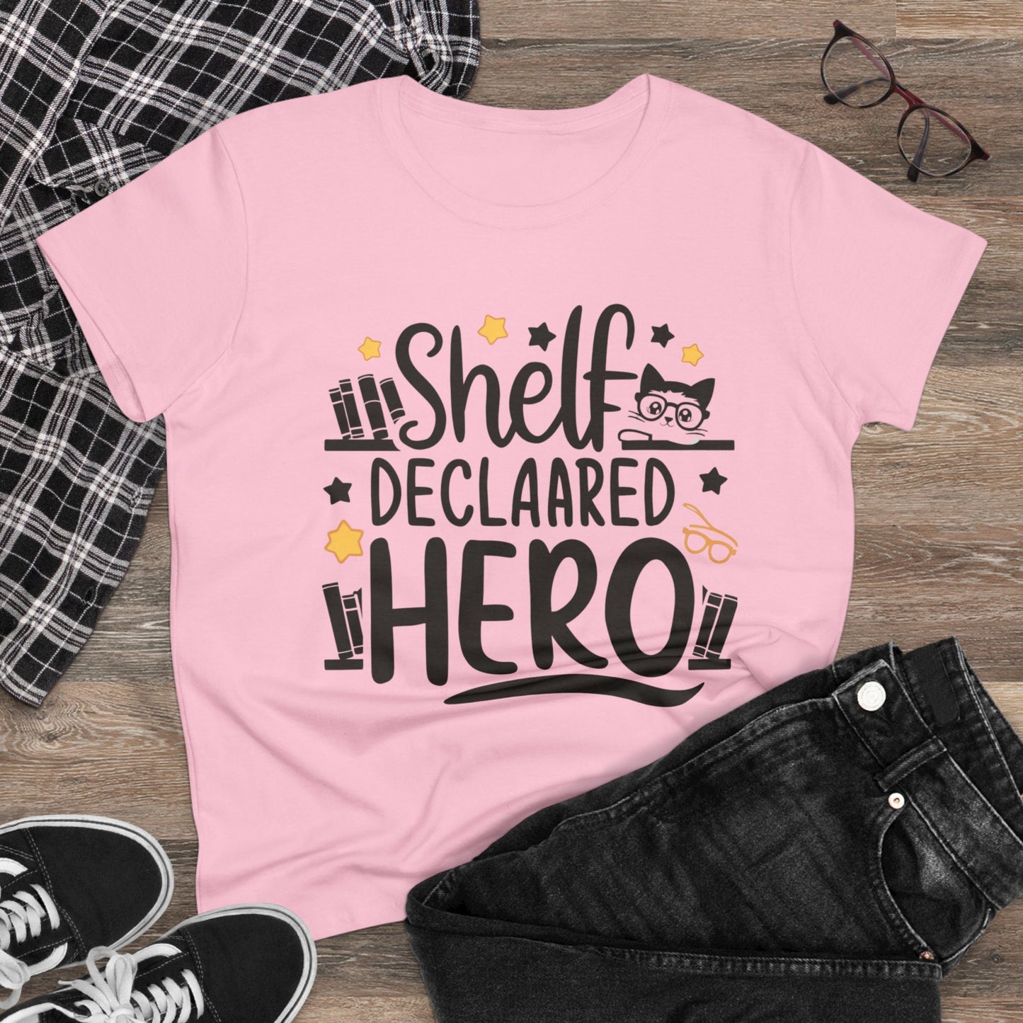 Womens Tee Self Declared Hero Book Lovers Shirts Tops Short Sleeve Regular Fit Cotton Funny Cat T-Shirt