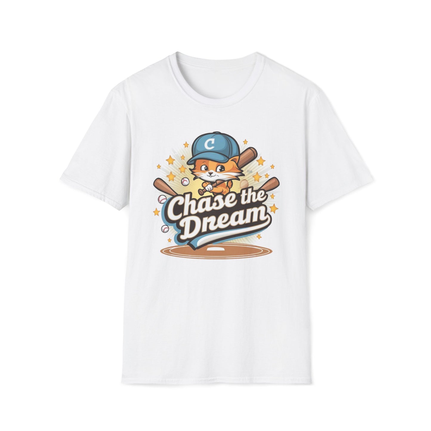 Men's Tee Chase The Dream Baseball Player Short Sleeves Casual Regular Fit Cotton Funny Cat Baseball Tee