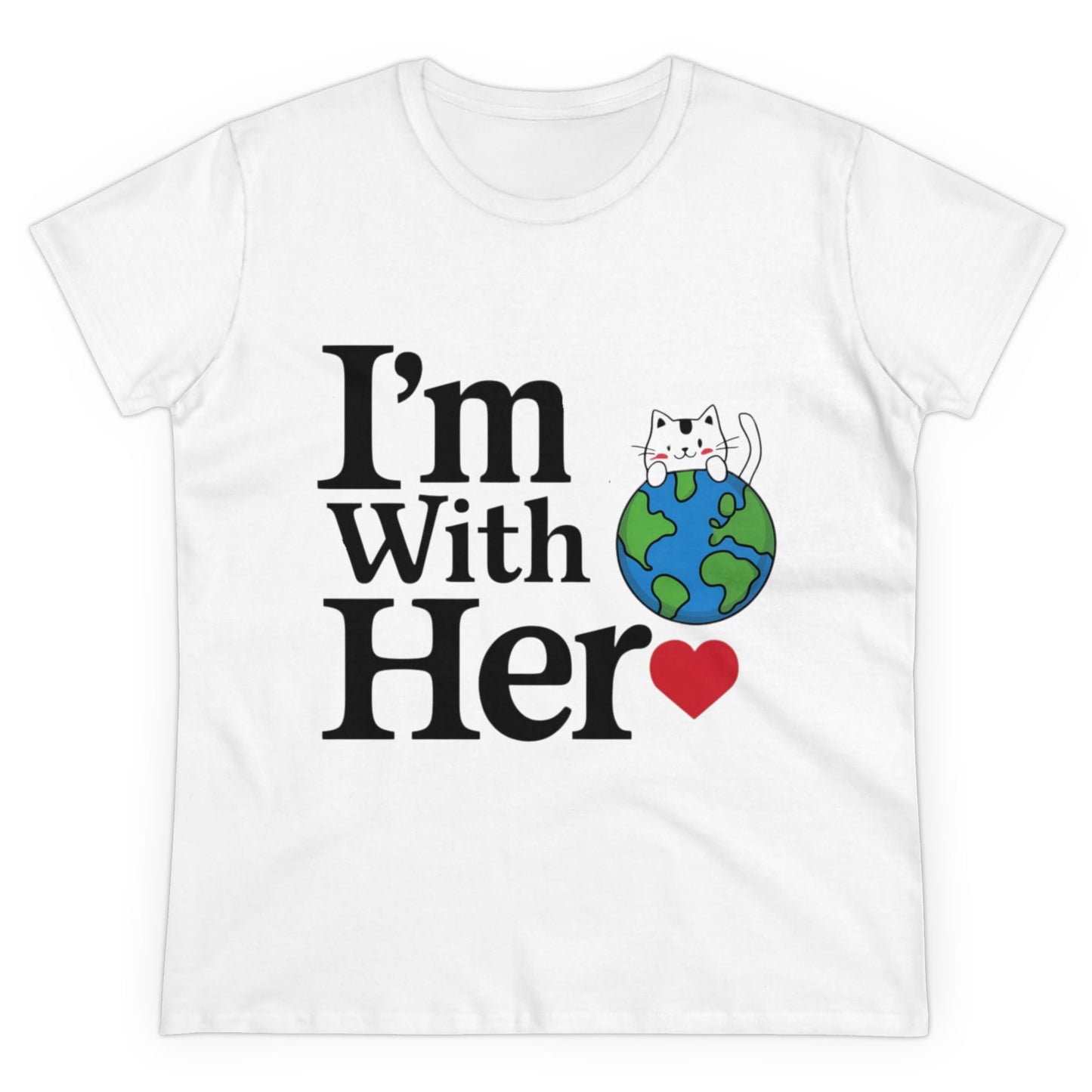 Womens T-Shirt I am With Her Planet Earth Shirts Tops Short Sleeve Regular Fit Cotton Funny Cat Tees