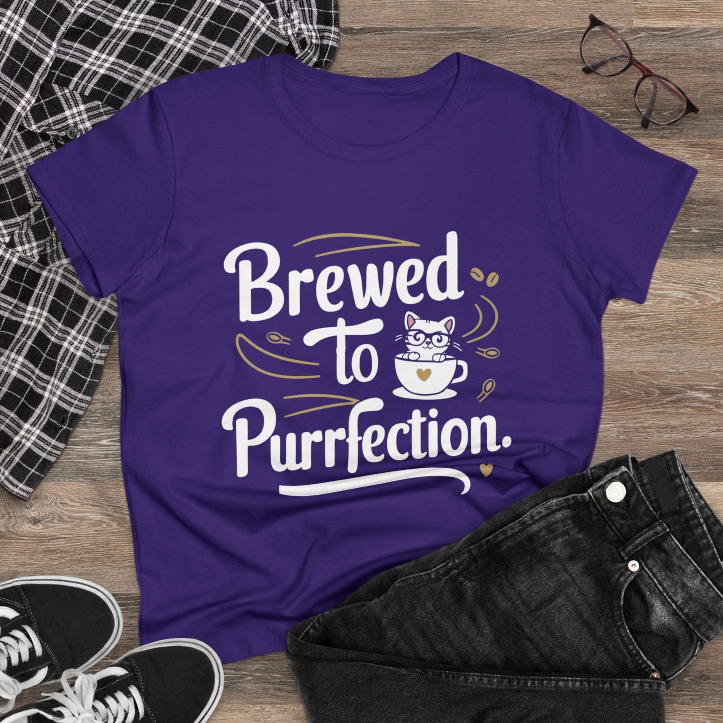 Womens Tees Brewed To Purrfection Coffee Lover Shirts Tops Short Sleeve Regular Fit Crew Neck Cotton Funny Cat T-Shirt